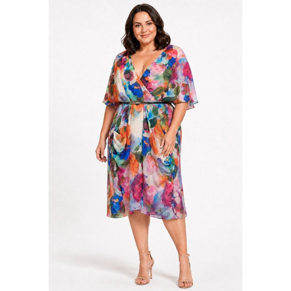 City Chic Color Wrap Print Dress 16 Ivory Floral Faux Wrap Flutter Sleeve NWT